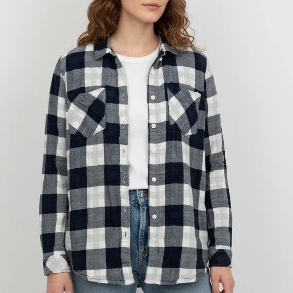 Thread & Supply Plaid Flannel Shirt Button Down Long Sleeve Navy‎ Ivory M - Picture 7 of 8